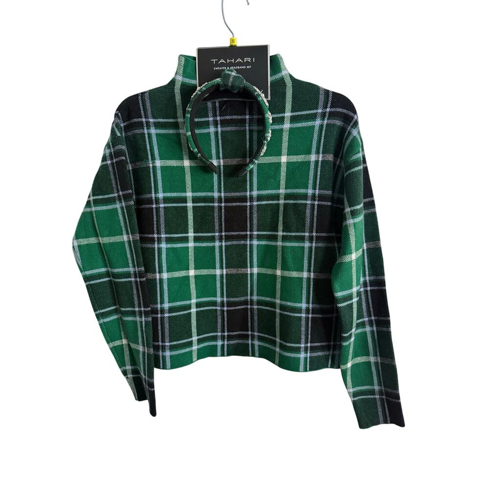 Tahari Woman’s Mock Neck Green Black White Plaid Sweater Headband- Size XS